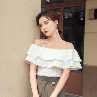 Off-shoulder Plain Ruffle Trim Top