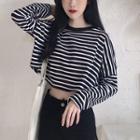 Long-sleeve Striped Cropped T-shirt Black - One Size
