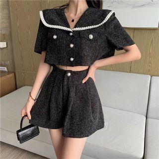 Short-sleeve Tweed Cropped Blouse / Wide-leg Shorts