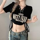 Short-sleeve Lettering Chained Cropped T-shirt