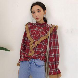 Frill Trim Plaid Long-sleeve Blouse