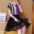 Set: Striped Short Sleeve Chiffon Blouse + A-line Skirt