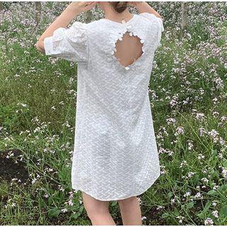 Balloon-sleeve Open Back Embroidered A-line Dress White - One Size