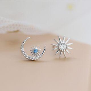 Non-matching 925 Sterling Silver Rhinestone Moon & Star Earring 1 Pair - Silver & Blue - One Size
