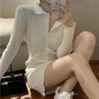 Long-sleeve Collared Knit Mini Sheath Dress White - One Size