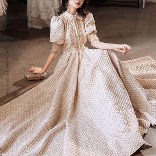 Puff-sleeve Collar Ruffle A-line Evening Gown