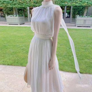 Set: Sleeveless Tie-neck Chiffon Blouse + Midi A-line Skirt