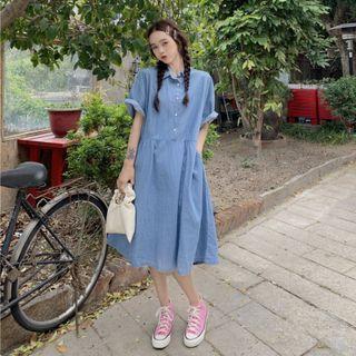 Lapel Short-sleeve Denim Dress As Shown As Image - One Size