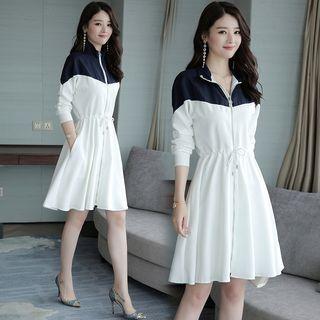 Drawstring Waist Color Block Long-sleeve A-line Dress