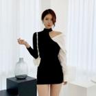 Asymmetric-shoulder Color-block Dress Black & Ivory - One Size