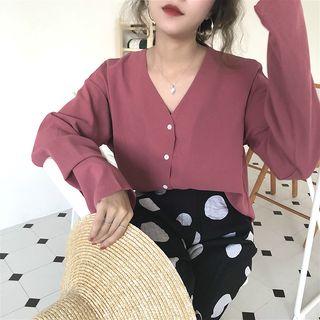 Plain Long-sleeve Loose-fit Chiffon Blouse