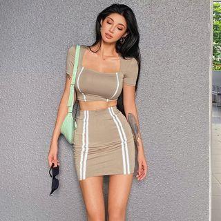 Square-neck Two Tone Cropped Top / High-waist Two Tone Skinny Mini Skirt