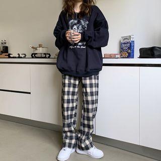 Lion Print Hoodie / Plaid Straight-fit Pants