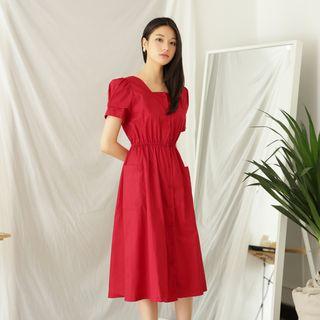 Square-neck Pocket-detail Midi Dress
