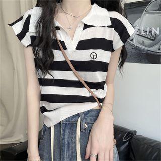 Polo-neck Striped Knit Cropped Top
