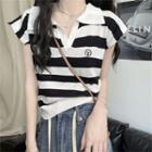 Polo-neck Striped Knit Cropped Top