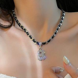 Rhinestone Numbering Necklace Letter B - Silver & Black - One Size