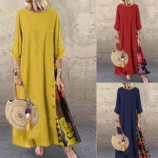 3/4-sleeve Patterned Panel Maxi A-line Dress