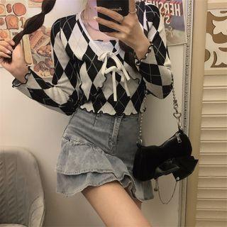 Tie-front Argyle Cardigan / Camisole Top