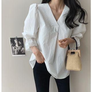 V-neck Lace-cuff Top Ivory - One Size
