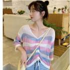 3/4-sleeve Striped Drawstring Perforated Knit Top