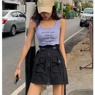 Lettering Tank Top / Buckled-accent Zipper Cargo Shorts