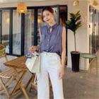 Mandarin-collar Sleeveless Shirt Navy Blue - One Size