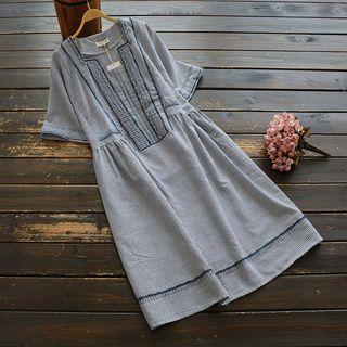 Short-sleeve Striped Midi Tunic Dress Stripe - Gray & White - One Size