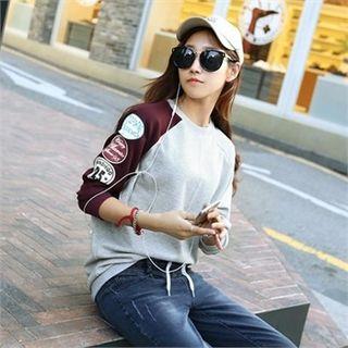 Contrast-sleeve Appliqu  Lettering Sweatshirt