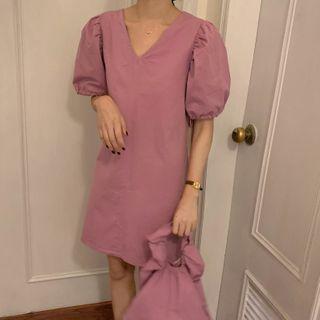 Balloon-sleeve A-line Dress Light Pink - One Size