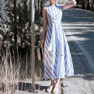 Sleeveless Striped Asymmetric A-line Midi Dress