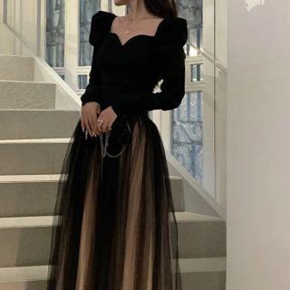 Set: Puff-sleeve Top + Mesh Midi A-line Skirt