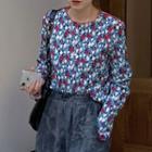 Long-sleeve Floral Print Blouse Blue - One Size