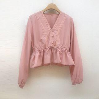V-neck Lace Trim Peplum Blouse