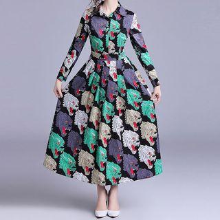 Printed Long Sleeve Collared Midi Dress