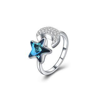925 Sterling Silver Fashion Star Moon Adjustable Split Ring With Blue Austrian Element Crystal Silver - One Size