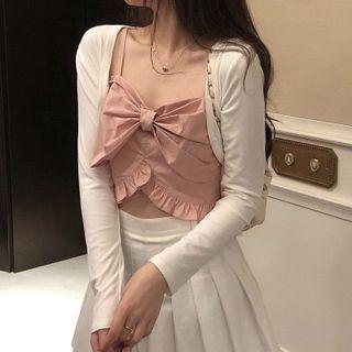 Bow Cropped Camisole Top / Cardigan