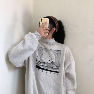 Turtleneck Baseball Print Pullover White Gray - One Size