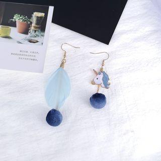 Non-matching Unicorn & Feather Dangle Earring