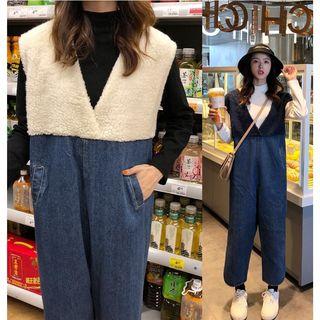 Cap-sleeve V-neck Denim Panel Jumpsuit