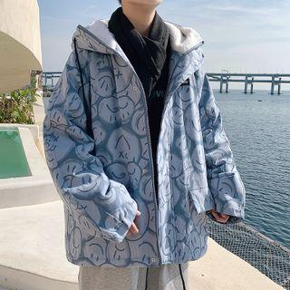 Smiley Face Printed Zipped Hooded Jacket