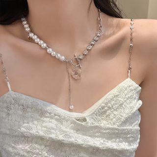 Rhinestone Faux Pearl Alloy Choker Silver & White - One Size