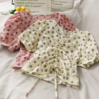 Daisy-print Drawstring Crop Top
