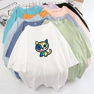 Cat Print Elbow-sleeve Oversize Tee