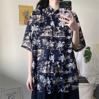 Floral Short-sleeve Shirt Dark Blue - One Size