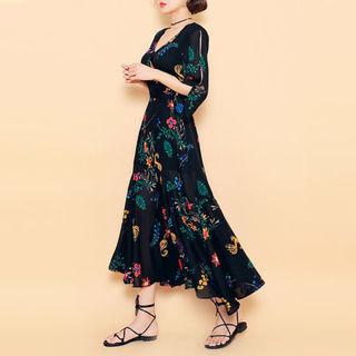 V-neck Slit-front Pattern Long Dress