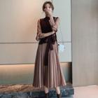 Set: Frilled Trim Long-sleeve Midi Pleated Dress + Tie Waist Knit Vest