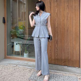 Set: Button-up Vest + Wide-leg Pants + Belt