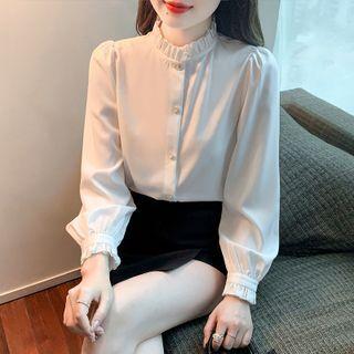 Puff-sleeve Mock-neck Ruffled Blouse