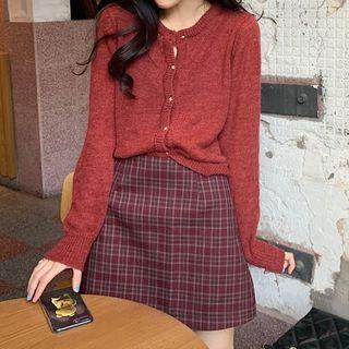Plain Cardigan / Plaid Mini A-line Skirt